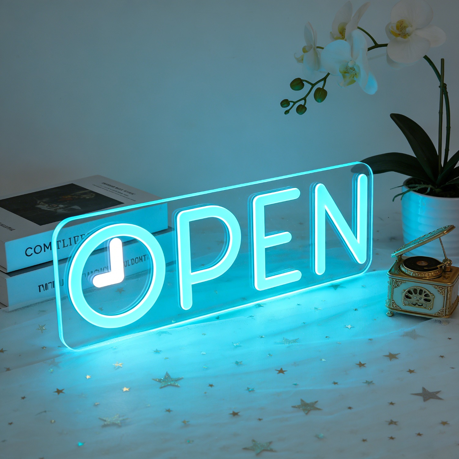 OPEN Neon Light Sign with Cloc - Decor Lighting Opening Hours 评论和价格