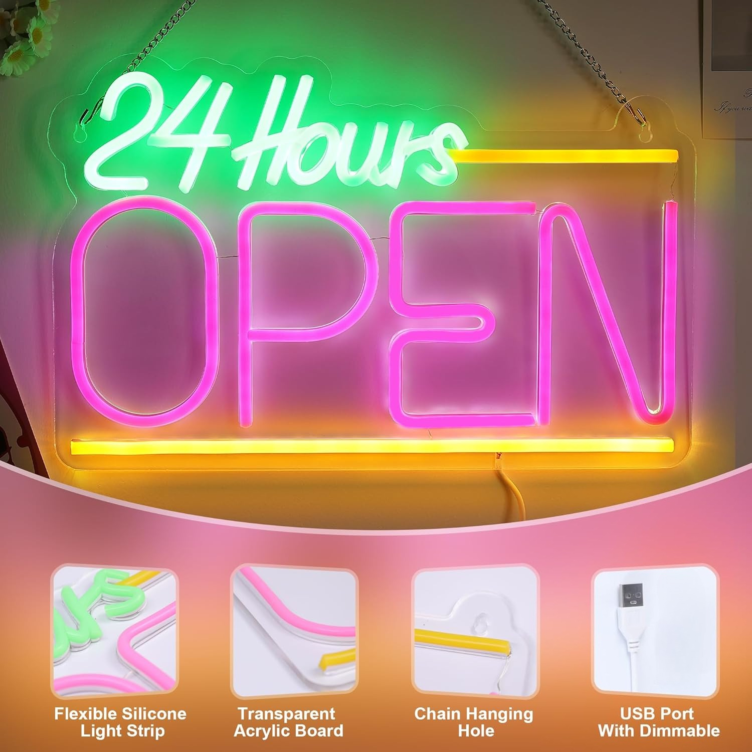 Open 24 Hours Neon Sign USB LE - Decor Lighting Opening Hours 评论和价格