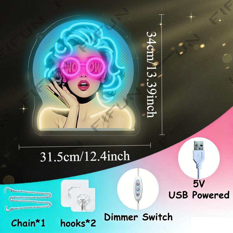 WOW Curl Girl Neon Sign UV Pri - Lighting Decor Wow 评论和价格