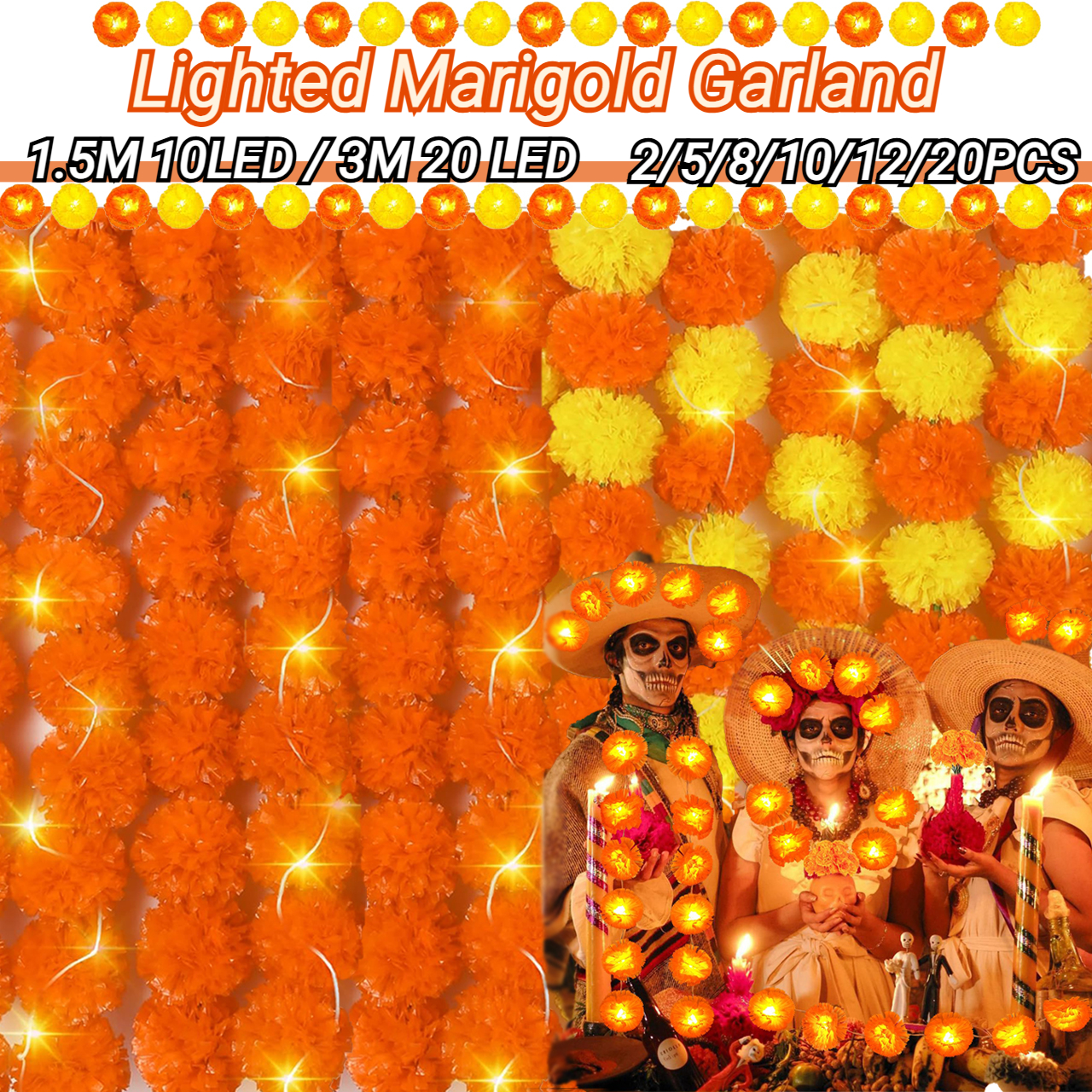 2-20PCS Lighted Marigold Garla - Lighting Decoration For Diwali 评论和价格